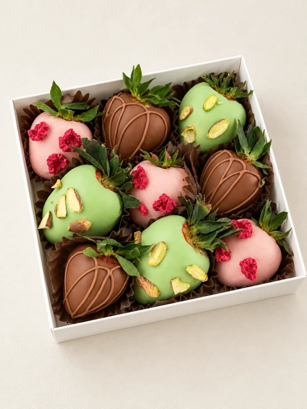 Клубничный бокс "Mark" — «Клубничный бокс Mark» — клубничный бокс Dolce Sweets из 3 ягод клубники в молочном шоколаде и 6 ягод…
